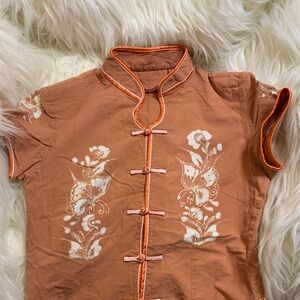Women's Mandarin Collar Floral Blouse - Orange